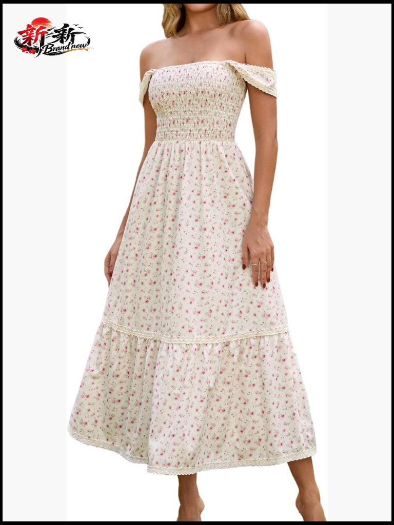 Polyester Midi Dress Off Shoulder Smocked Back Flowy Summer Wedding Guest